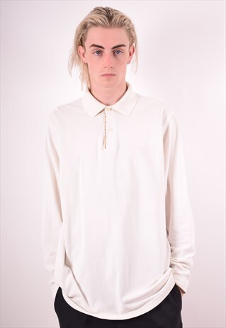 BURBERRY MENS VINTAGE POLO SHIRT LONG SLEEVE LARGE WHITE 90S