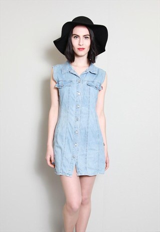 VINTAGE 1990'S SLEEVELESS LIGHT WASH DENIM MINI DRESS