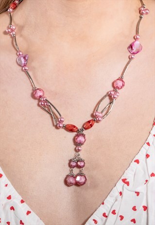 VINTAGE KITSCH SILVER TONE, PINK & RED BEADED NECKLACE