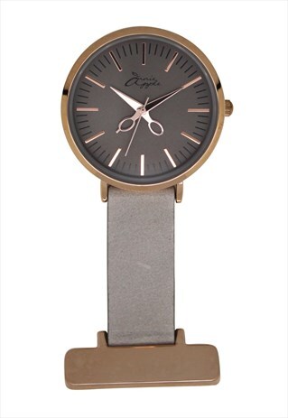 GREY LEATHER STRAP, BRONZE AND ROSE GOLD NURSES FOB WATCH IN