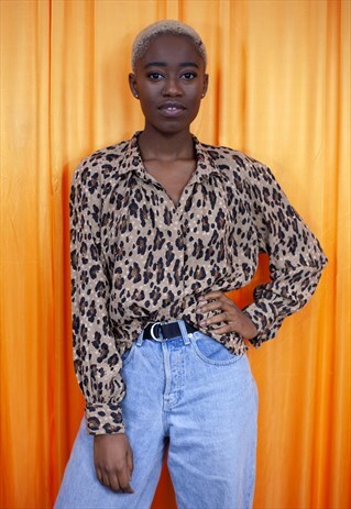 VINTAGE 90S BLOUSE BROWN METALLIC LEOPARD ANIMAL PRINT