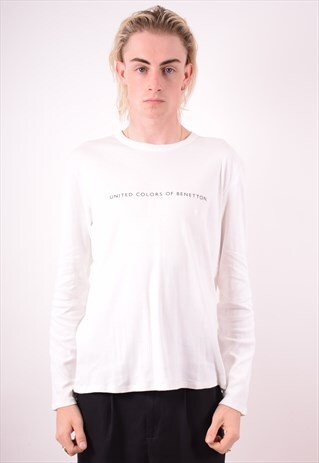 BENETTON MENS VINTAGE TOP LONG SLEEVE XL WHITE 90S