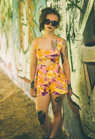 PINK GOLD PURPLE ABSTRACT PLAYSUIT CUT-OUT SWIMSUIT STRAPPY