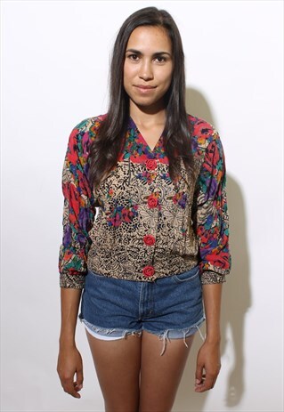 VINTAGE 1980'S 80'S RAYON GAUZE FLORAL TRIBAL JACKET S-M