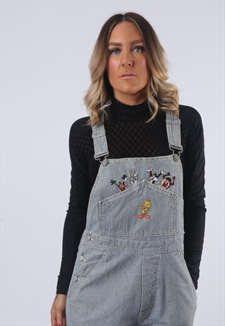 LOONEY TUNES CARTOON DENIM DUNGAREES JEANS 90'S UK 12 (ABQ)