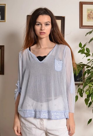 VINTAGE 90S SHEER MESH TOP WITH SEQUIN POCKET IN LILAC