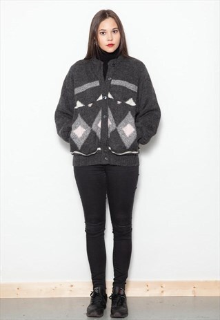 VINTAGE 80'S GREY PINK WHITE GEOMETRIC FESTIVAL CARDIGAN