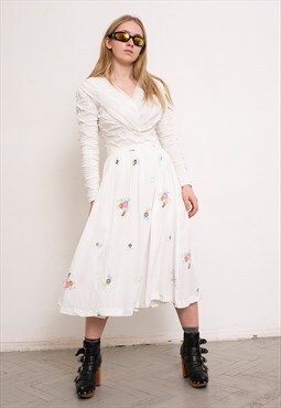 Vintage 90s Midi Skirt Floral White Romantic Cottagecore