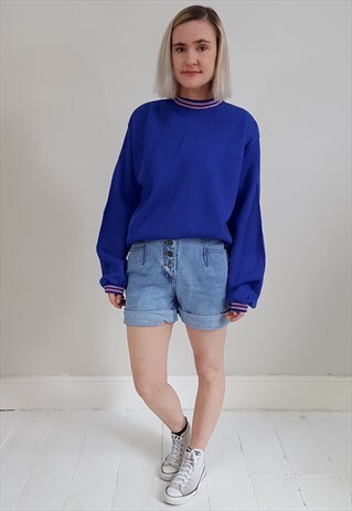 VINTAGE 80'S BLUE RED STRIPED LIGHTWEIGHT SWEAT SHIRT JUMPER