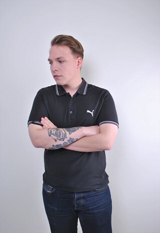 90S BLACK PUMA MENS MINIMALIST SPORT POLO SHIRT