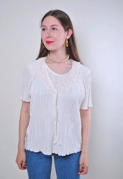 Vintage white blouse, sequins collar pullover shirt - SMALL 