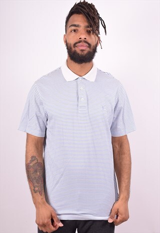 CHAPS MENS VINTAGE POLO SHIRT MEDIUM BLUE STRIPES 90S
