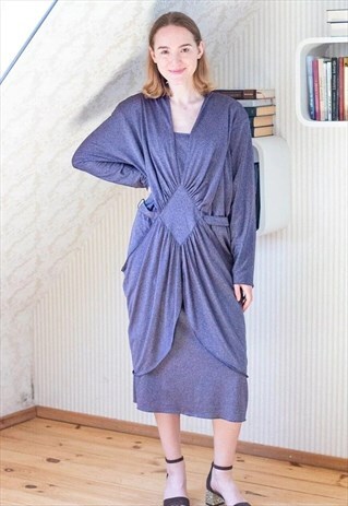PURPLE AND GREY LONG SLEEVE BELTED DRESS