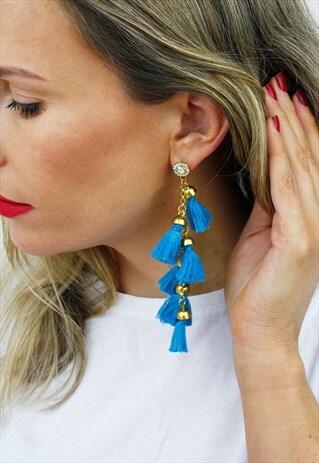BLUE TASSEL FRINGE RHINESTONE CHANDELIER DROP EARRINGS