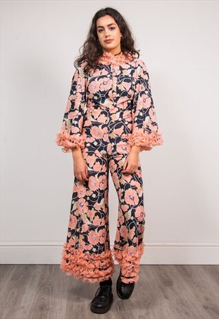 70'S VINTAGE PINK FLORAL PATTERN FRILL JUMPSUIT