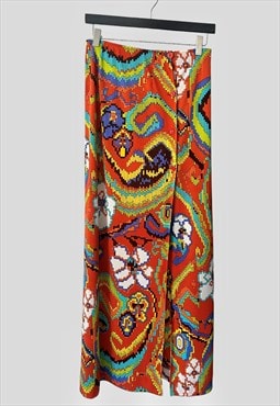 70's Vintage Ladies Skirt Maxi Brown/Red Multi Print Small