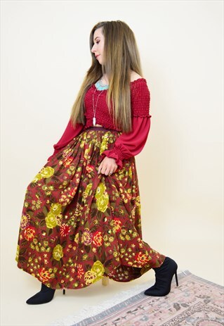 90S VINTAGE FLORAL HIGH WAISTED MIDI SKIRT BOHO CHIC MAROON