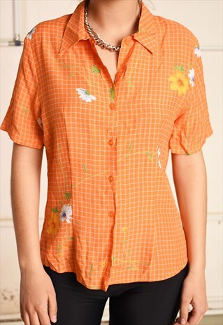 90'S RETRO DAISY CHECKED PRINT FESTIVAL BLOUSE TOP