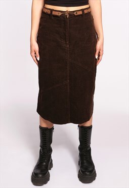 Vintage 90s Brown Corduroy Midi Skirt with Belt
