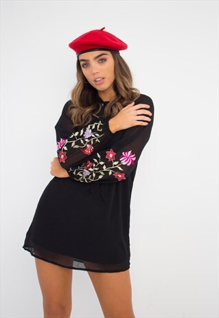 FLORAL EMBROIDERED SLEEVE BLACK DRESS