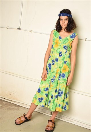 90'S RETRO FLORAL PRINT SUMMER MIDI FESTIVAL DRESS