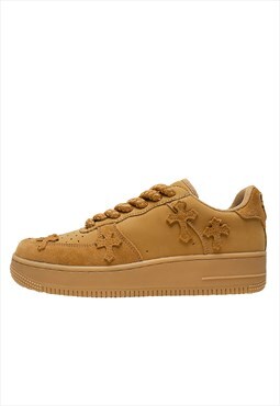 Cross patch sneakers faux suede leather trainers in brown