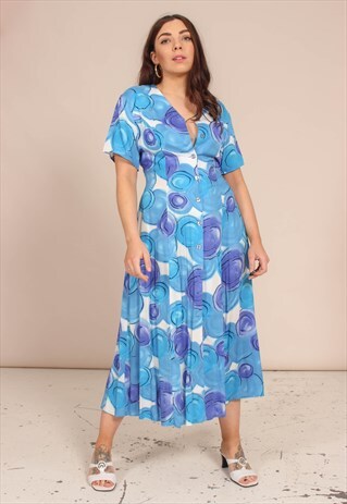 VINTAGE 80S BLUE MIDI DRESS IN SPOTTY PRINT