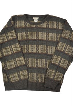 Vintage Knitted Jumper Retro Pattern Green/Grey Large