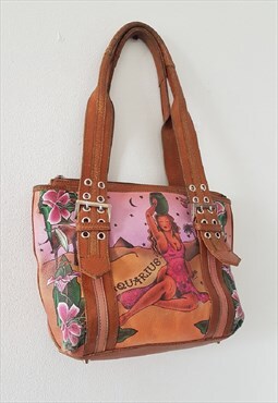 Y2K Ed Hardy Style Brown Aquarius Leather Bag Made in Canada