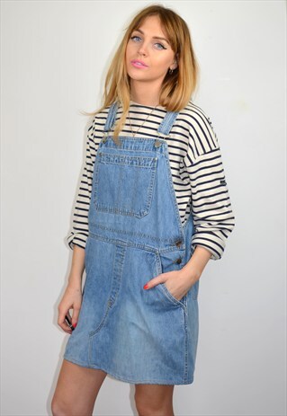 VINTAGE 90S DENIM BLUE MINI DUNGAREES DRESS