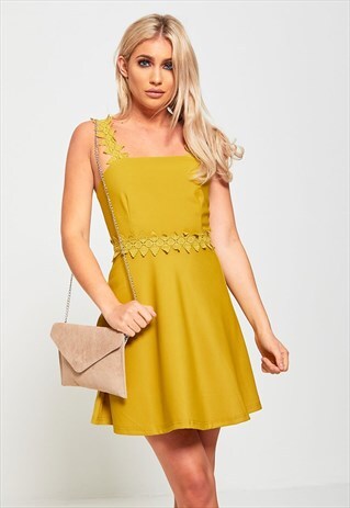 GREEN CROCHET STRAP SKATER DRESS