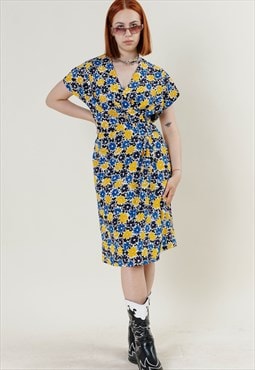 Vintage 70s Multi Floral Yellow&Blue V-neck Dress L