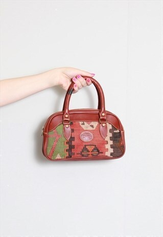 VINTAGE 1970'S BROWN LEATHER PRINTED HAND BAG