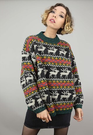 VINTAGE 80S 90S OVERSIZED PATTERNED KNIT JUMPER