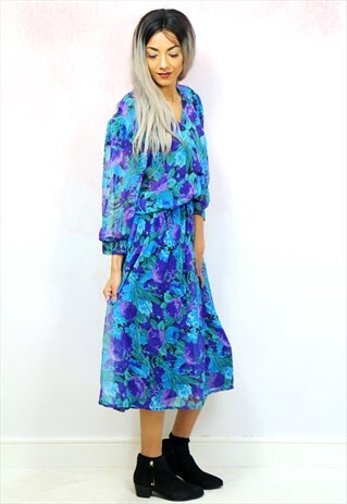 1980S VINTAGE BLUE AND PURPLE FLORAL CHIFFON MIDI DRESS