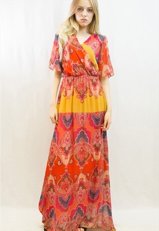 RED PAISLEY PRINT WRAP CHIFFON MAXI DRESS IN RED CY