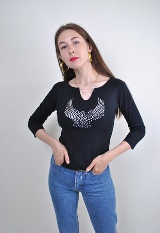 90S BIRD RHINESTONES BLACK BLOUSE WITH SHORT SLEEVE, SIZE M