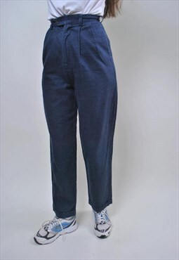 Vintage straight blue pants, women retro minimalist trousers