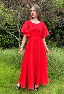 70's Vintage Fluted Short Sleeve Ladies Red Maxi Dress