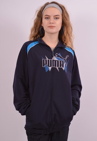 PUMA WOMENS VINTAGE TRACKSUIT TOP JACKET LARGE NAVY BLUE 90S