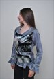 90'S FASHION BLOUSE, RUFFLE SLEEVE FLOWERS PRINT BUTTON UP 