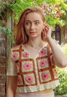 Short Sleeve Floral Crochet Squares Shirt