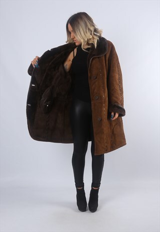 SHEEPSKIN SHEARLING SUEDE COAT JACKET UK 18 (BJ1D)