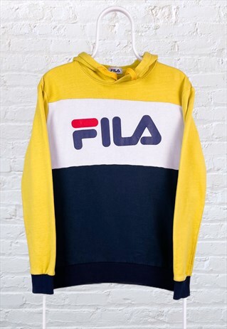 VINTAGE FILA HOODIE YELLOW BLUE SPELL OUT LOGO SMALL