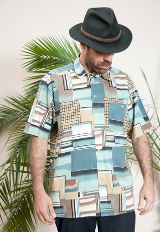 MENS VINTAGE SHORT SLEEVE, ABSTRACT PRINT, BUTTON UP SHIRT