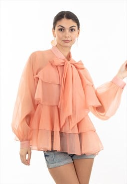 Organza shirt with multi-layer Bow Tie Up in front in peach