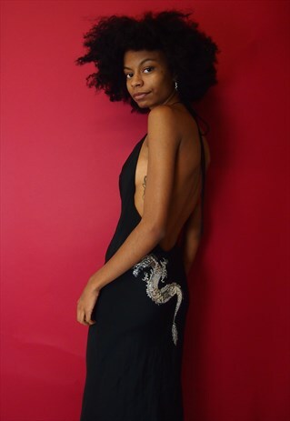 BLACK SILK DRAGON EMBROIDERY SLIP DRESS