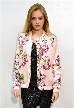 Spring Floral Print Silky Feeling bomber Jacket in pink 