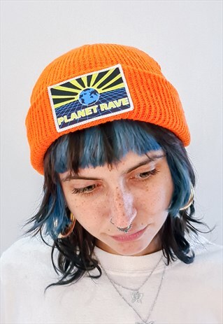 NEON ORANGE BEANIE HAT WITH PLANET RAVE FLYER PATCH