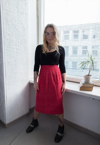 VINTAGE 80'S RED MIDI HIGH WAISTED TEXTURED SKIRT